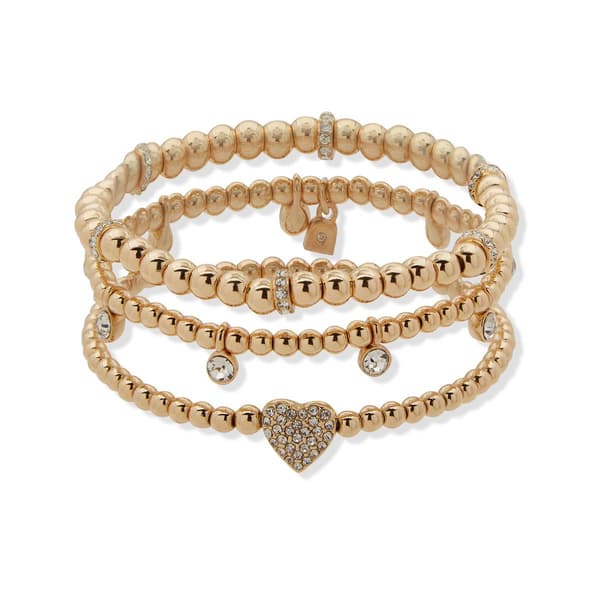 Nine West Gold-Tone Crystal Pave Heart Charm Stretch Bracelet - image 
