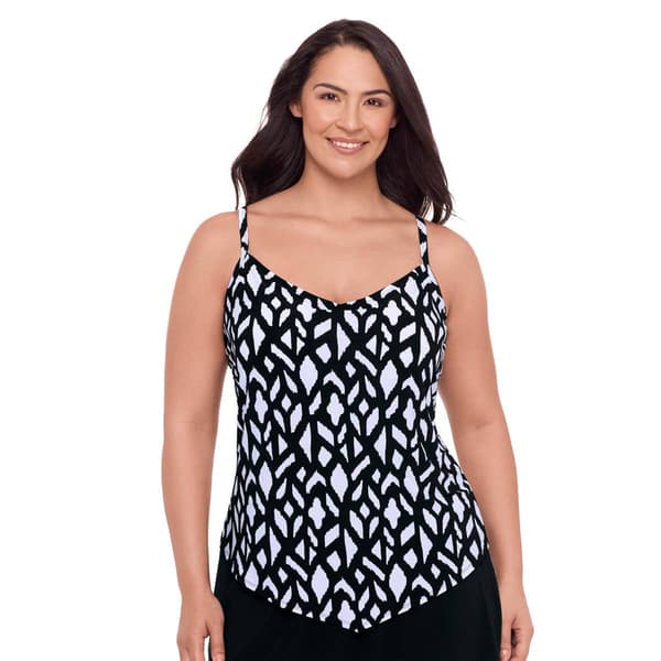 Plus Size American Beach Abstract Ikat V Neck Hanky Hem Tankini - image 