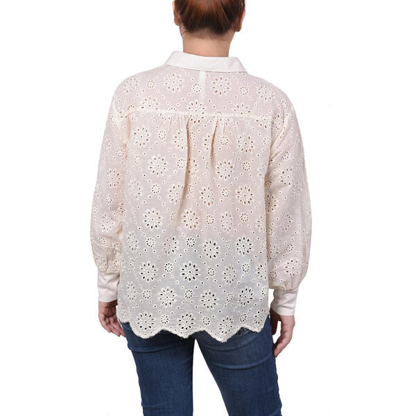 Womens NY Collection 3/4 Sleeve Eyelet Casual Button Down