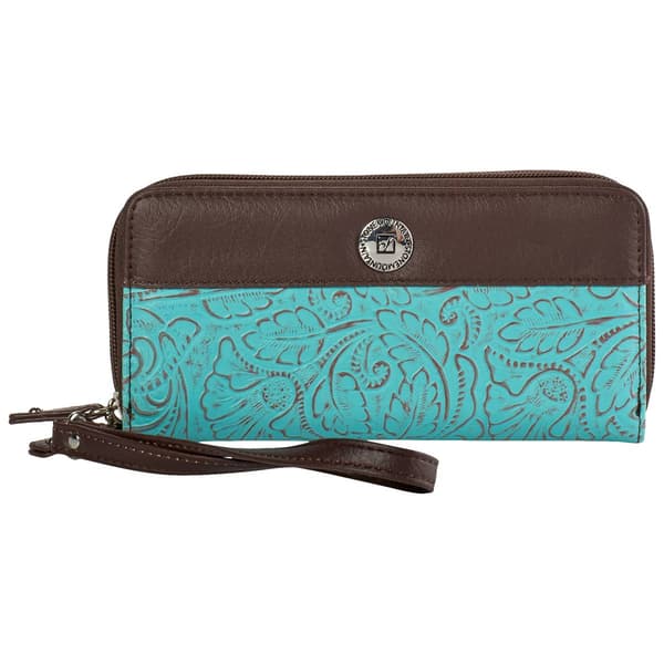 Womens Stone Mountain Tooled Leather Double Zip Around Wristlet - image 