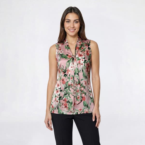 Womens Kasper Sleeveless Tie Front Placed Floral Satin Blouse - image 