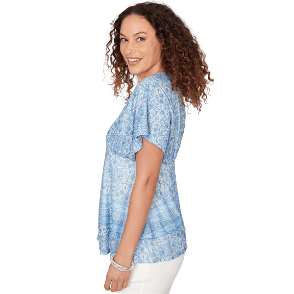 Womens Skye’s the Limit Sunny Blue Skies V Neck Layered Blouse