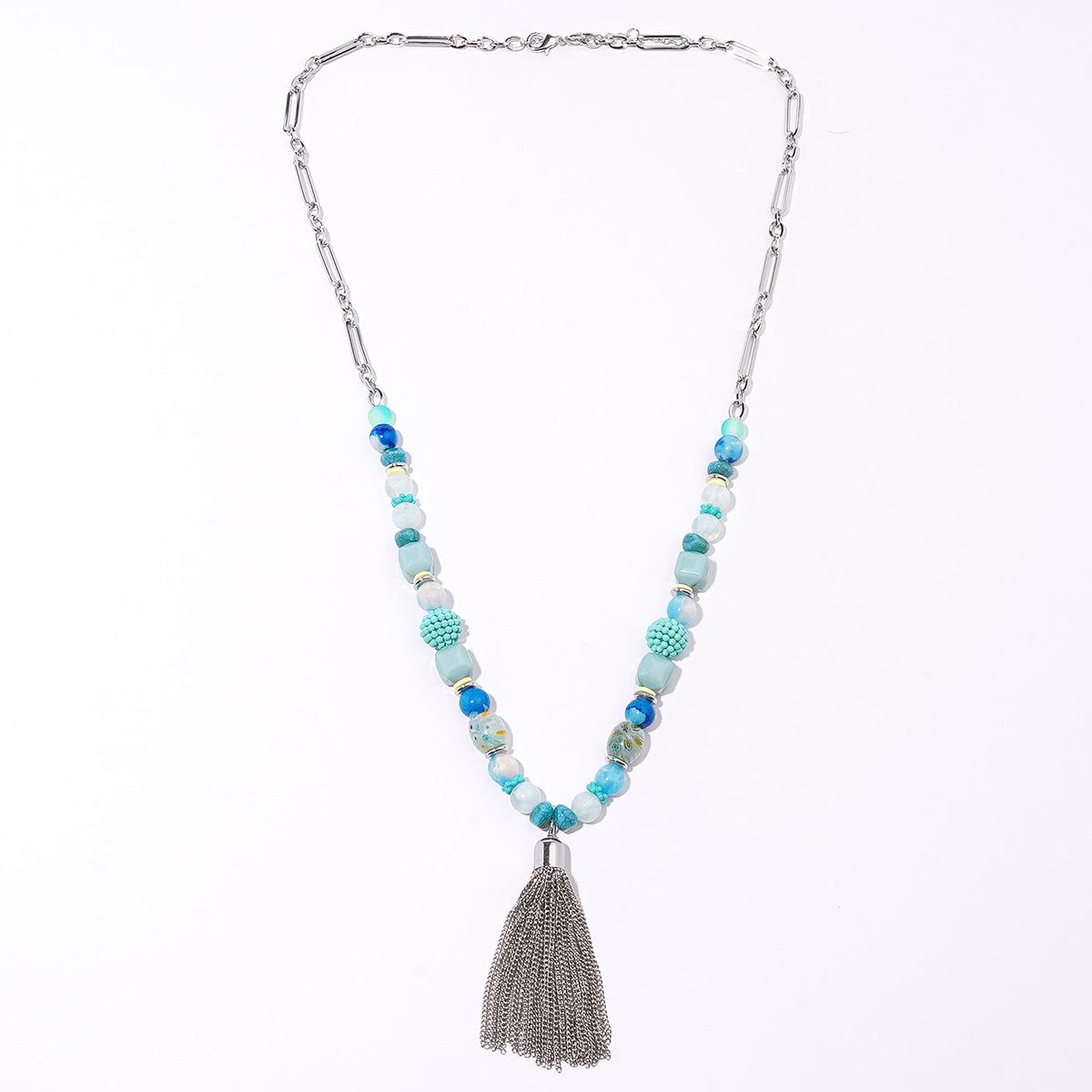 Ashley Cooper™ Turquoise Beaded Silver Tassel Pendant Necklace