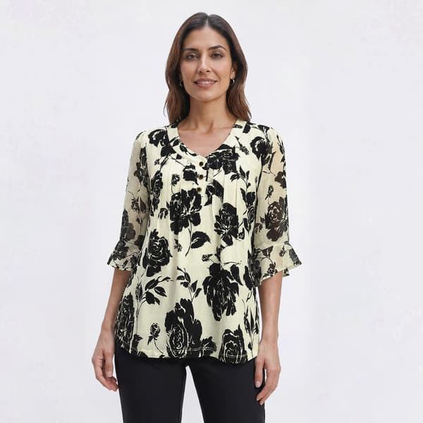 Womens Sara Michelle 3/4 Sleeve Floral w/Pleat Button Blouse - image 