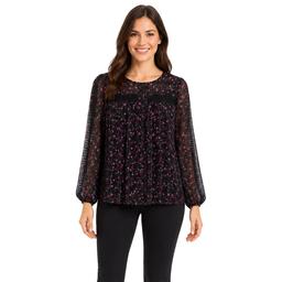 Womens Zac & Rachel Long Sleeve Bracelet Sleeve Floral Pleated T
