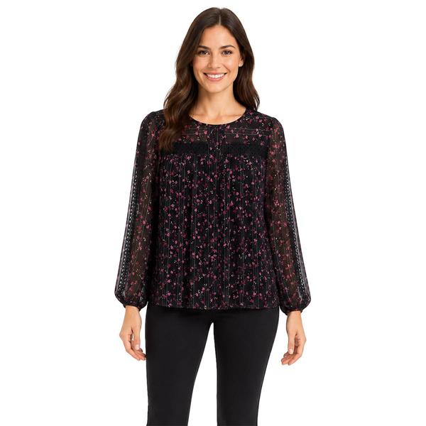 Womens Zac & Rachel Long Sleeve Bracelet Sleeve Floral Pleated T - image 