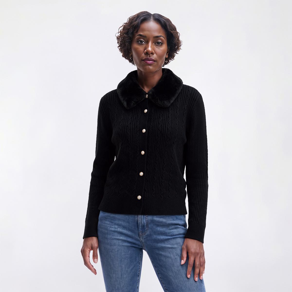 Womens Nanette Lepore Long Sleeve Faux Fur Collar Cardigan