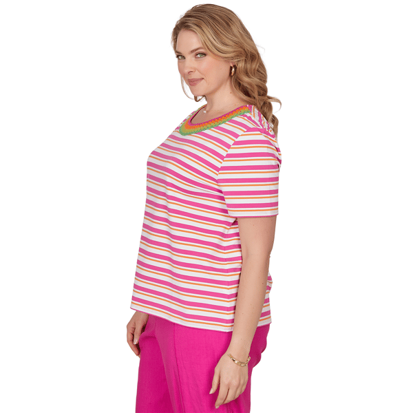 Plus Size Ruby Rd. Hothouse Florals Crochet Neck Stripe Tee