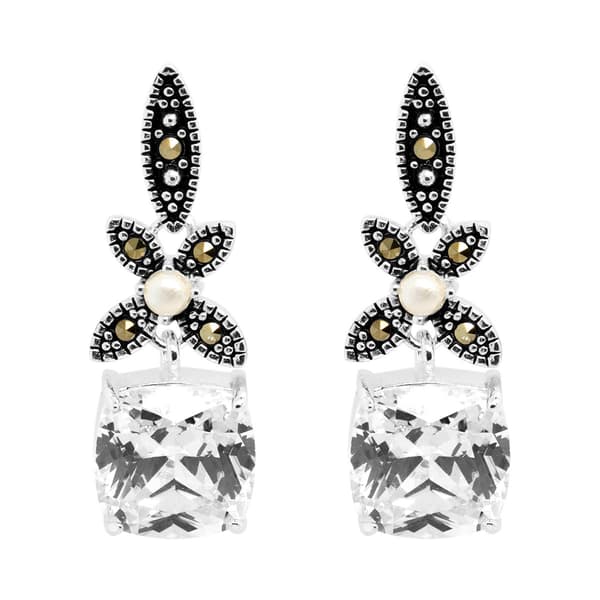 Marsala Sterling Silver Marcasite & CZ Drop Earrings - image 