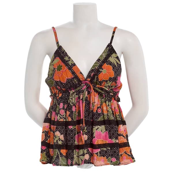 Juniors Angie Floral Print Crochet Insert Babydoll Tank Top