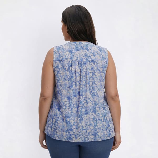 Plus Size Napa Valley Sleeveless Floral Leaf Pleat Henley Blouse