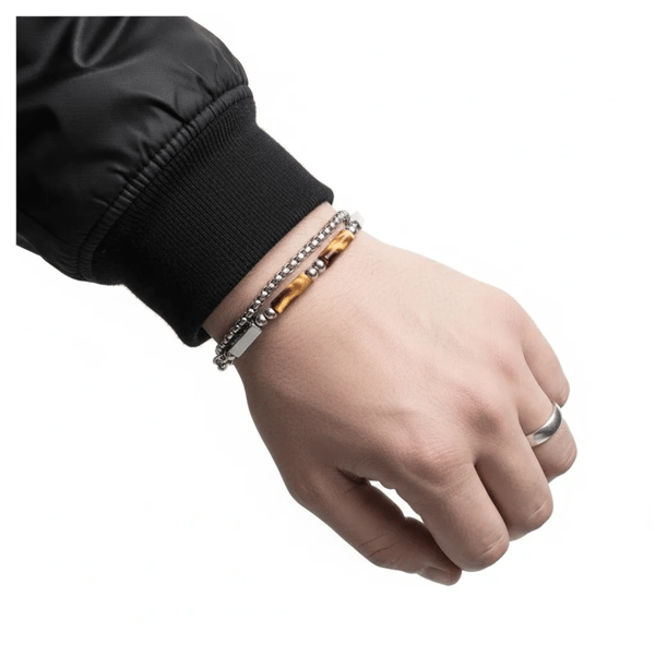 Mens Iron Saints Tiger Eye & Layered Curb Chain Bracelet