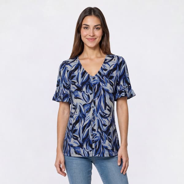 Womens Anne Klein Short Ruffle Sleeve V Neck Leaf Blouse