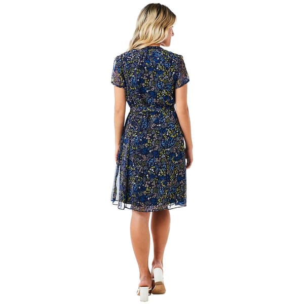 Plus Size MSK Short Sleeve Chiffon Pintuck A-Line Dress-Denim