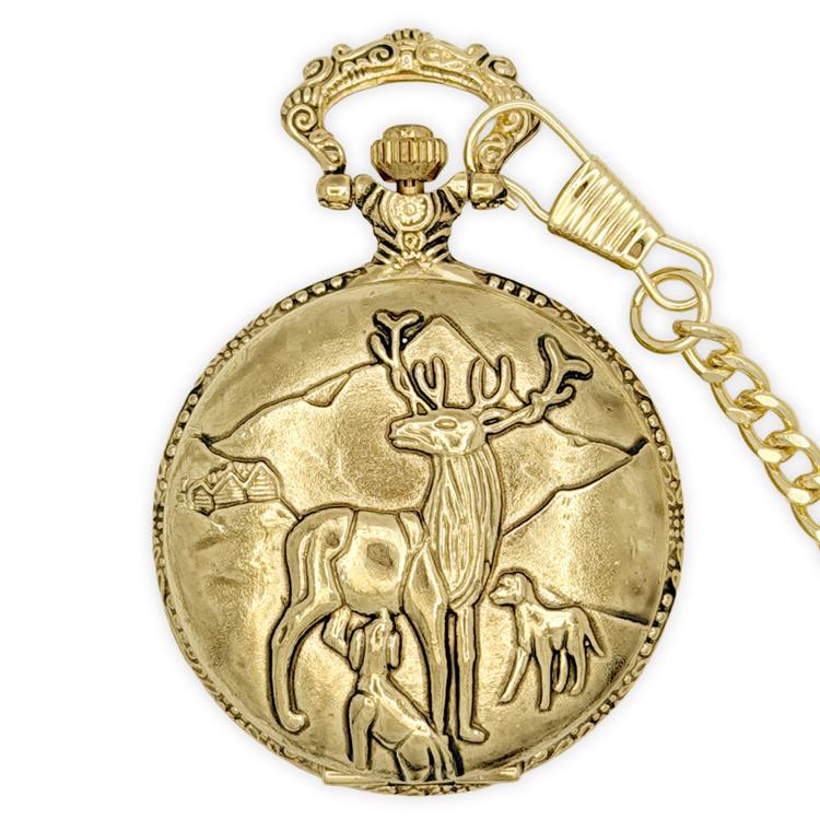 Mens Gold Alloy Engraved Deer Pocket Watch - 37745