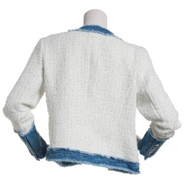 Womens Nanette Lepore Long Sleeve Open Boucle Denim Trim Blazer