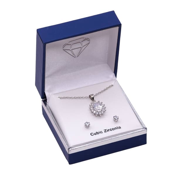 Silver-Tone Cubic Zirconia Halo Stones Pendant & Earring Set - image 