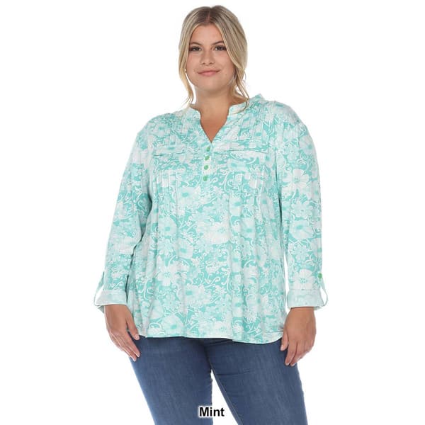 Plus Size White Mark Pleated Long Sleeve Floral Blouse