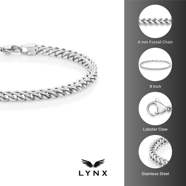 Mens Lynx Stainless Steel 4mm Foxtail Chain Bracelet