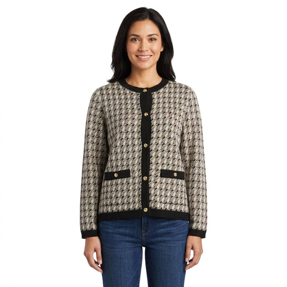 Petite Kasper Long Sleeve Houndstooth Button Front Cardigan