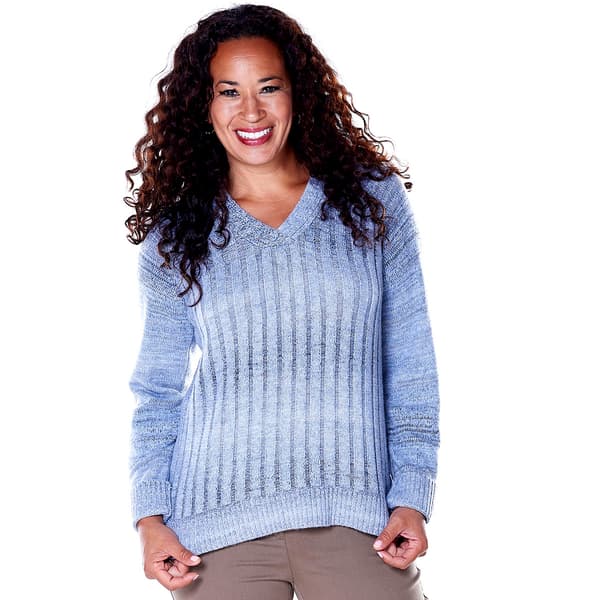 Petite Napa Valley Long Sleeve Ombre Space Dye V-Neck Sweater - image 