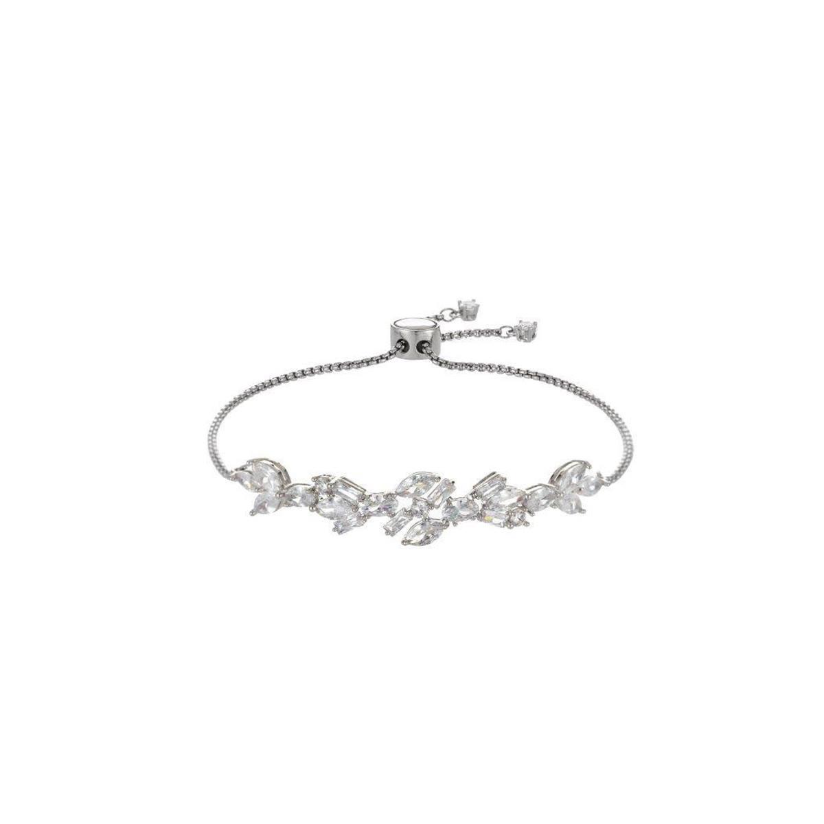 Roman Silver-Tone Flower CZ Adjustable Bracelet