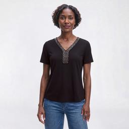 Womens Love Scarlet Short Sleeve Beaded V Neck Blouse