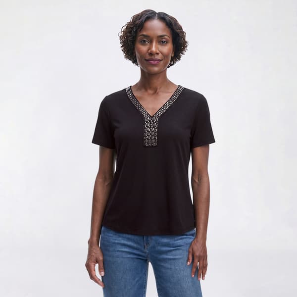 Womens Love Scarlet Short Sleeve Beaded V Neck Blouse - image 