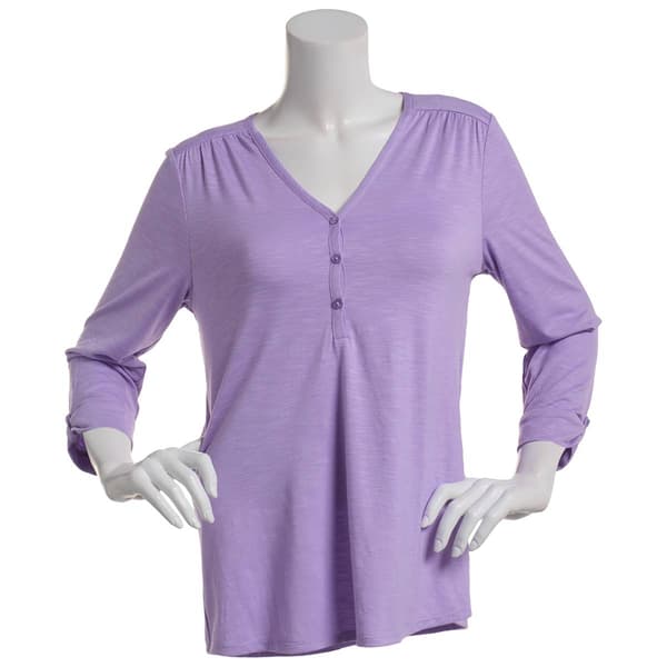 Womens Kasper Solid 3/4 Tab Sleeve V-Neck Henley Tee