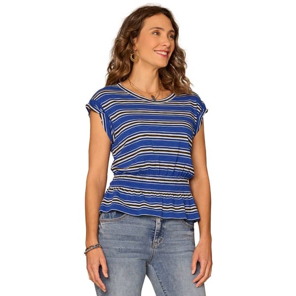Womens Democracy Stripe Roll Cuff Cap Sleeve Peplum Hem Top - image 