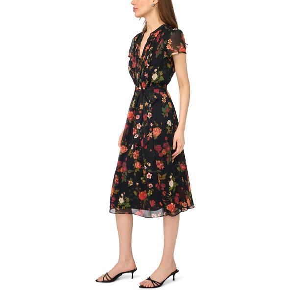 Womens MSK Short Sleeve Floral Split Neck Pintuck Midi Dress