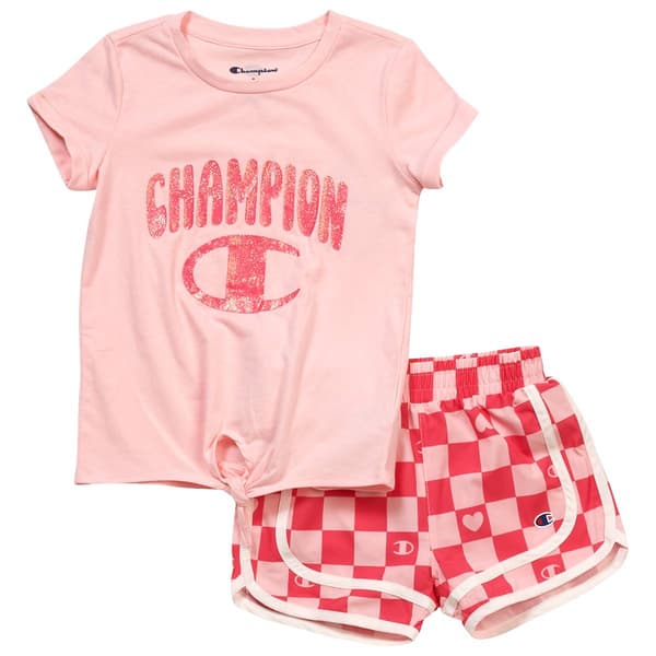 Girls (4-6x) Champion(R) Tie Front Logo Tee & Check Shorts Set - image 