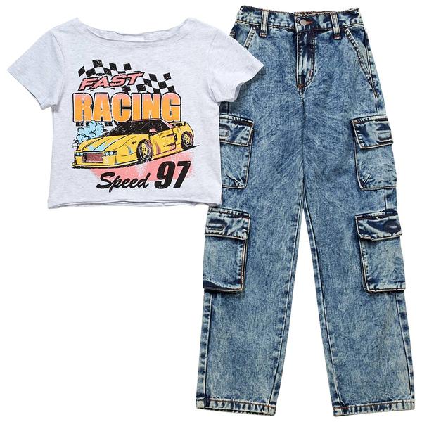 Girls (7-16) Tween Diva Short Sleeve Racing Tee & Cargo Jeans - image 