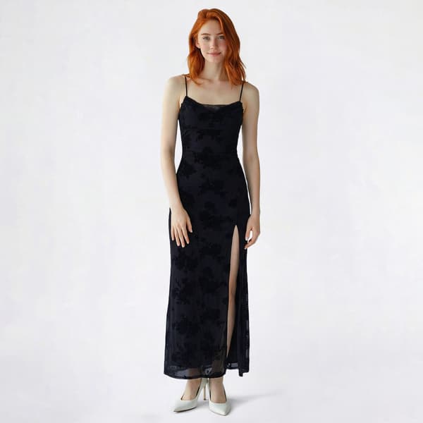 Juniors Emerald Sundae Drape Neck Long Slip Dress with Slit - image 