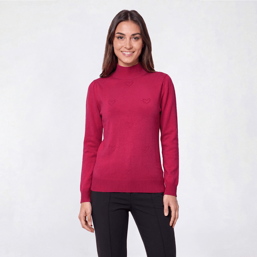 Womens Retrology Mock Neck Solid Textured Heart Sweater