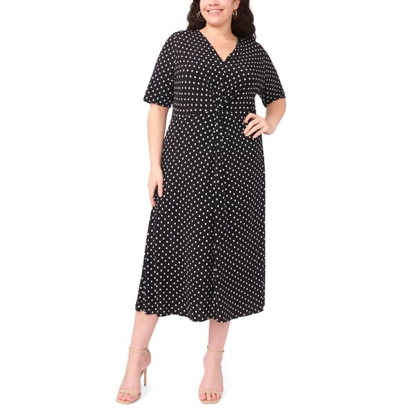 Plus Size MSK Elbow Sleeve V Neck Dot Midi Dress - image 
