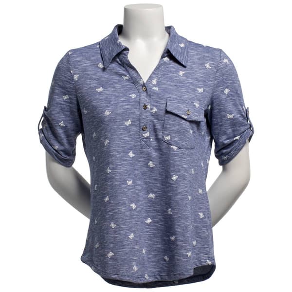 Womens Emily Daniels 2 Pocket Space Dye Butterflies Animal Polo