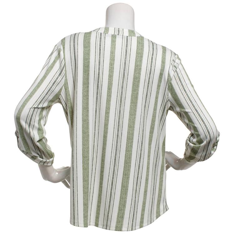 Womens Cure 3/4 Roll Tab Sleeve Pocket Stripe Zip Neck Blouse