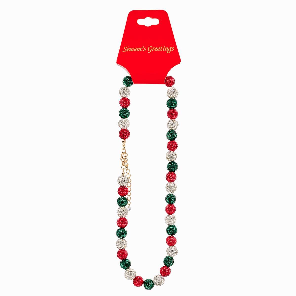 Red/Green & Silver Crystal Ball Necklace with Gold Dangle