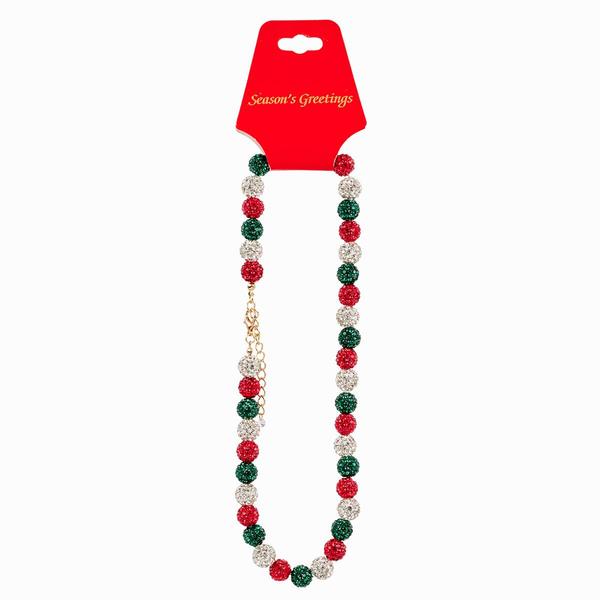 Red/Green & Silver Crystal Ball Necklace with Gold Dangle