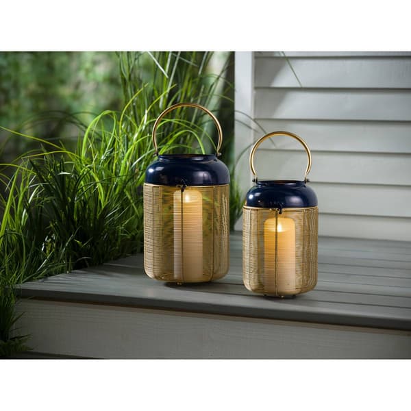 Evergreen Metal Blue & Gold Lantern w/Handle - Set of 2