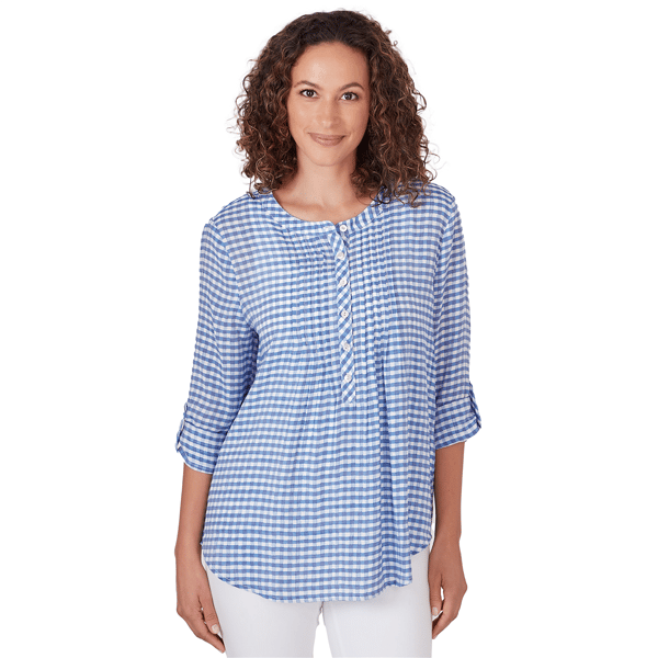 Womens Ruby Rd. Americana Chic Gingham Silky Henley Blouse - image 
