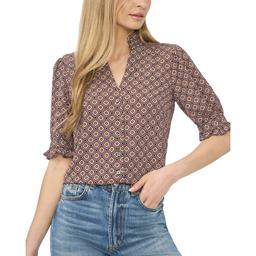 Womens Cece 3/4 Ruffle Sleeve Split Tie Neck Geo Blouse