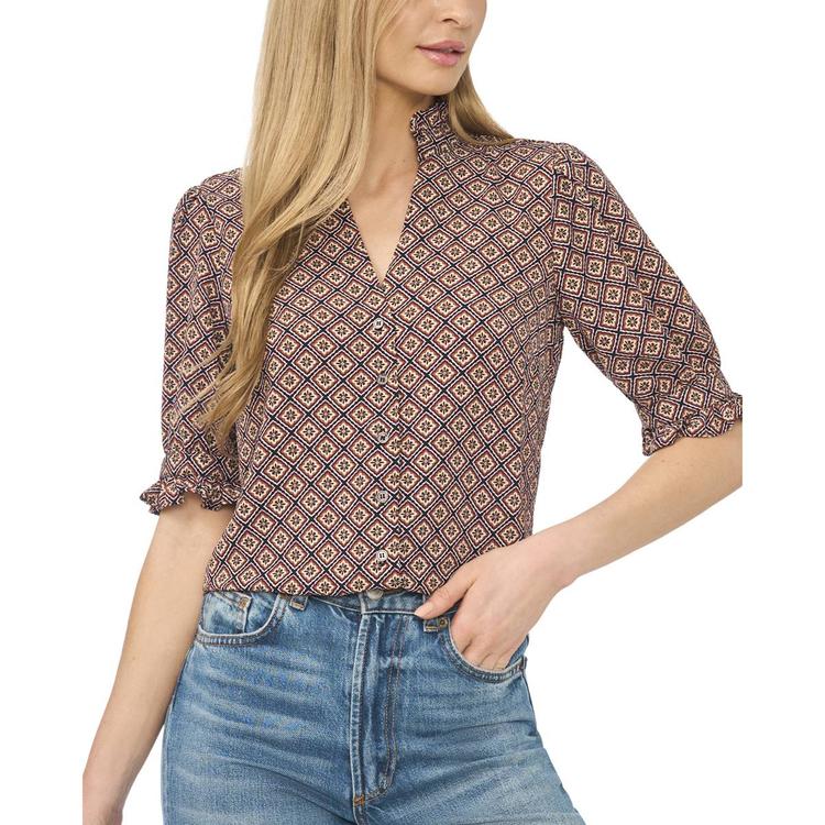 Womens Cece 3/4 Ruffle Sleeve Split Tie Neck Geo Blouse
