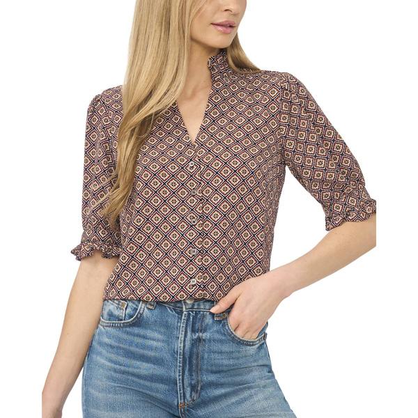 Womens Cece 3/4 Ruffle Sleeve Split Tie Neck Geo Blouse - image 