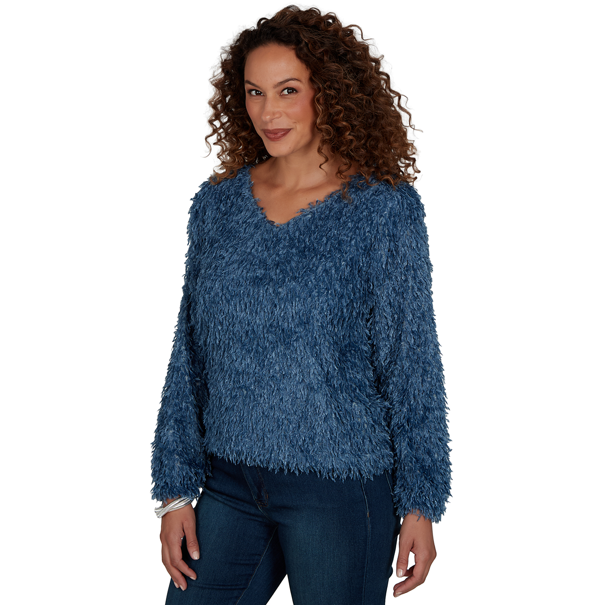 Petite Skye’s the Limit Icy Blue Sparkle Feather Sweater