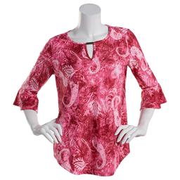 Womens Notations 3/4 Ruffle Sleeve Keyhole Jacquard Blouse