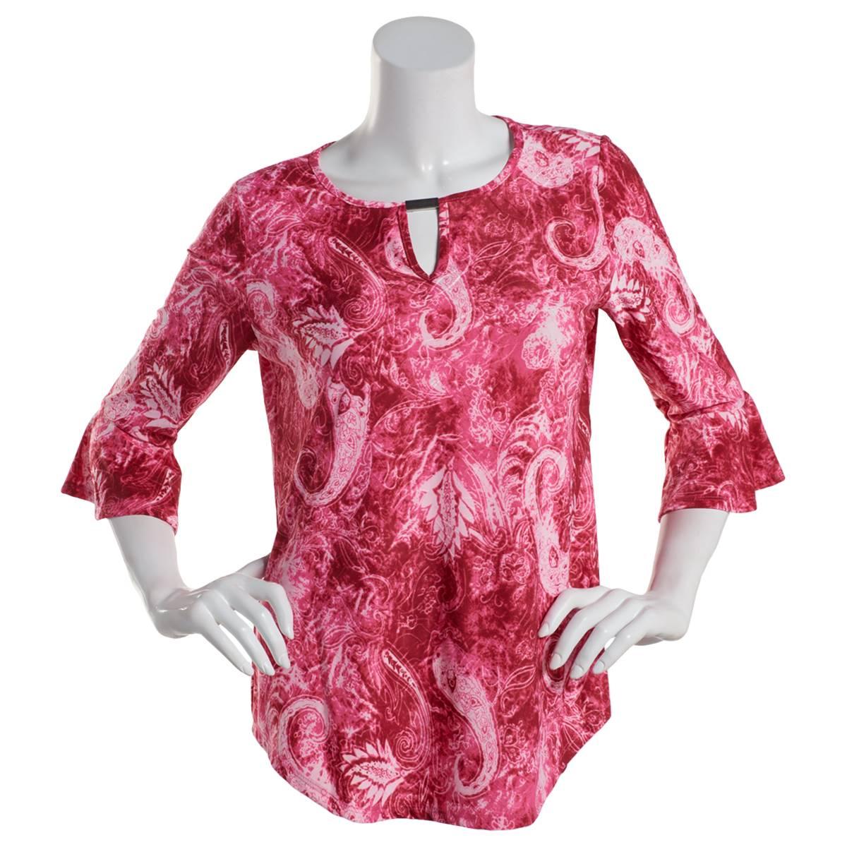 Womens Notations 3/4 Ruffle Sleeve Keyhole Jacquard Blouse