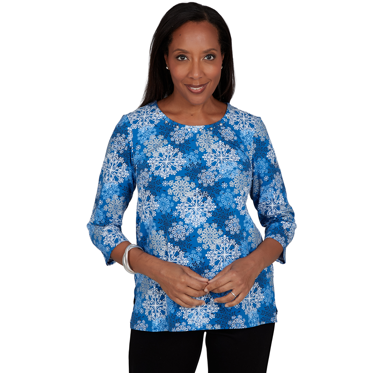 Womens Alfred Dunner Classics 3/4 Sleeve Snowflake Blouse