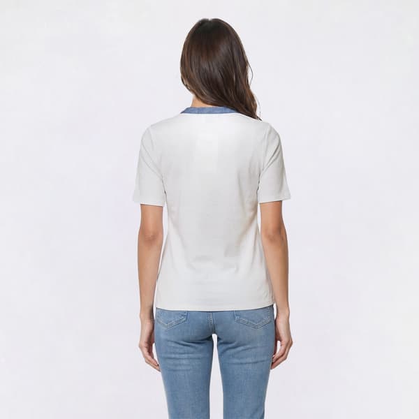 Womens Absolutely Famous Short Sleeve Denim Trim Henley Blouse